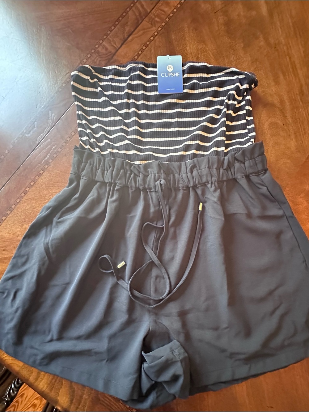 Cupshe Navy & White Strapless Striped Romper